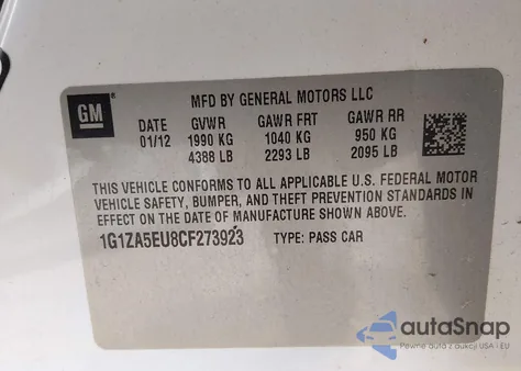 2012 Chevrolet Malibu Ls из США, поврежденный, VIN 1G1ZA5EU8CF273923